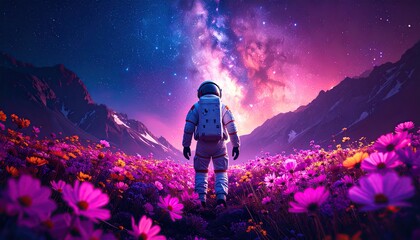 Astronaut contemplates vibrant cosmos amidst surreal alpine wildflowers.