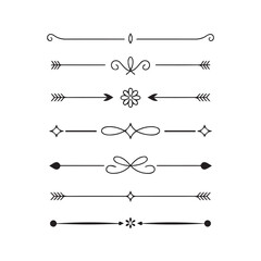 Fototapeta premium A set of refined black and white horizontal line separators featuring decorative swirls, arrows, floral designs, and geometric shapes, isolated on white