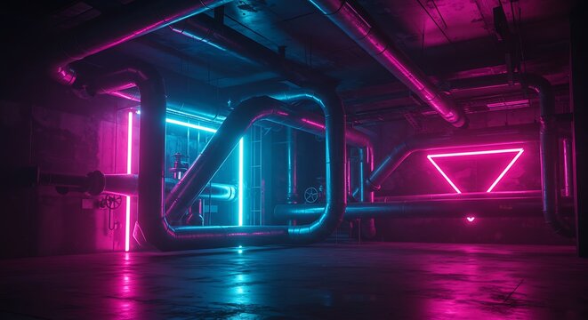 Empty room with An intricate network of metal pipelines under vibrant neon lights creates a modern industrial scene with a hint of cyberpunk aesthetic, showcasing technology and infrastructure. - Powered by Adobe
