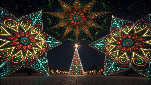 Ornate glowing fractal starbursts frame a brightly lit Christmas tree at night light - Powered by Adobe
