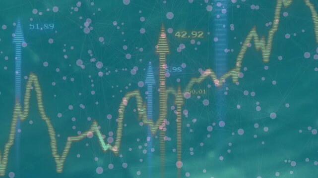 Data streaming into teal yellow line chart dipping rising marking arrows labels and dots drifting