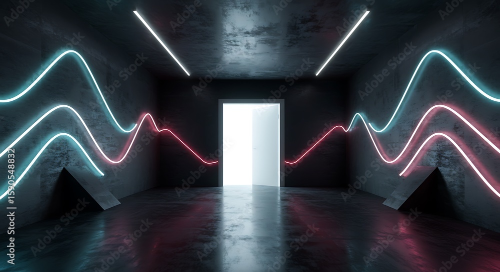 Poster this image depicts a spacious, futuristic corridor leading to an illuminated open door, symbolizing 