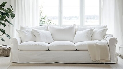 Cozy White Linen Sofa With Pillows In Bright Scandinavian Interior