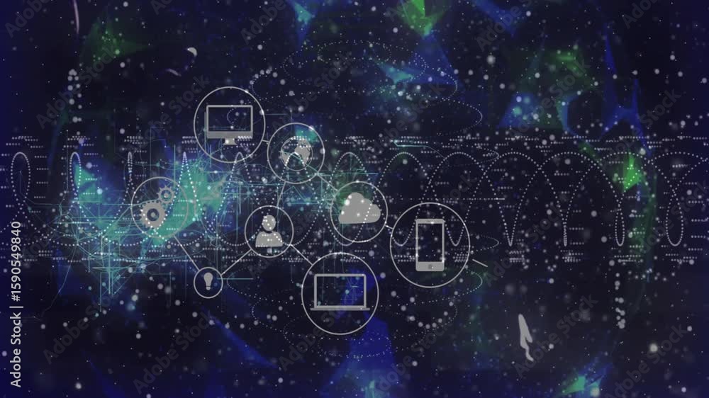 Poster cloud icon materializing on waveform, leading nine icons connecting into network over nebula