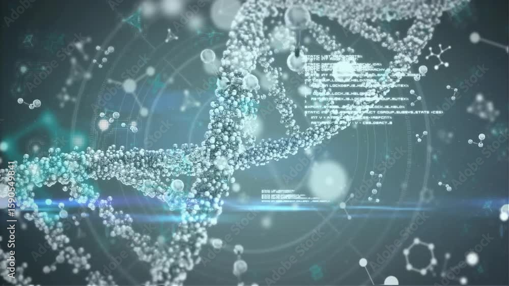 Aufkleber at start 3d glowing dna helix unfolding and rotating as code overlays scrolling visualizing data