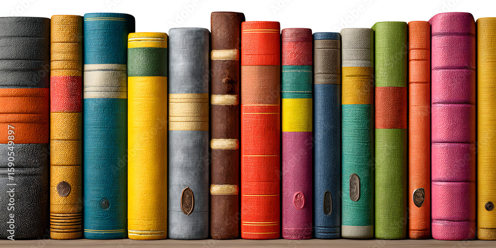 Poster collection of various colored books standing upright in a row isolated on a transparent background w