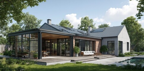 A modern house with an open-air room and terrace, garden furniture, swimming pool, glass block on the back of a brick wall, with gray walls and a wooden roof, surrounded by greenery. The home has two 