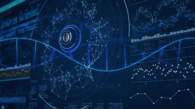 Circular icon emerging glowing, network growing, waveform sweeping, charts updating showing data