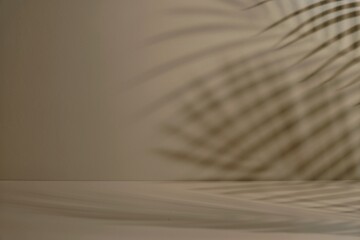 Beige backdrop, empty room studio. Minimal background, wall and floor with palm leaves shadow. Backdrop decoration for product presentation.