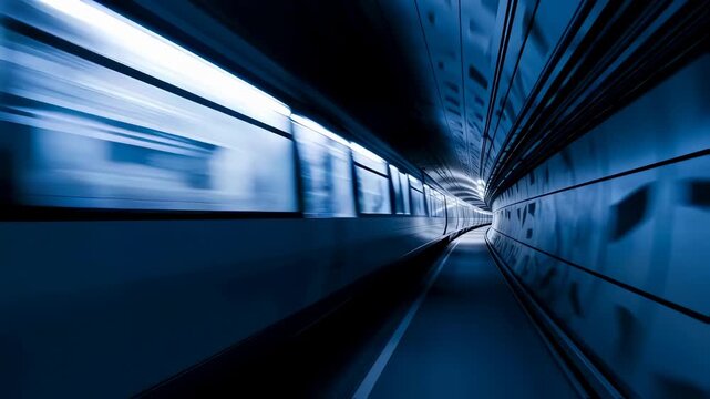 Modern high speed train moving fast inside a brightly lit subway tunnel, creating motion blur on the tunnel walls and offering a dynamic view of contemporary urban transportation