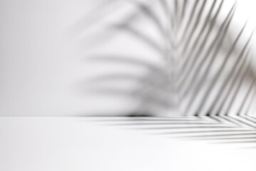 Minimalist room with palm leaves shadow on white wall. Minimal light white stage background for product presentation