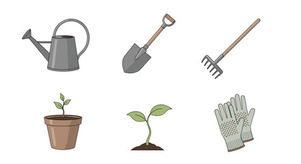 Depiction of gardening tools including a watering can, shovel, rake, plants and gardening gloves