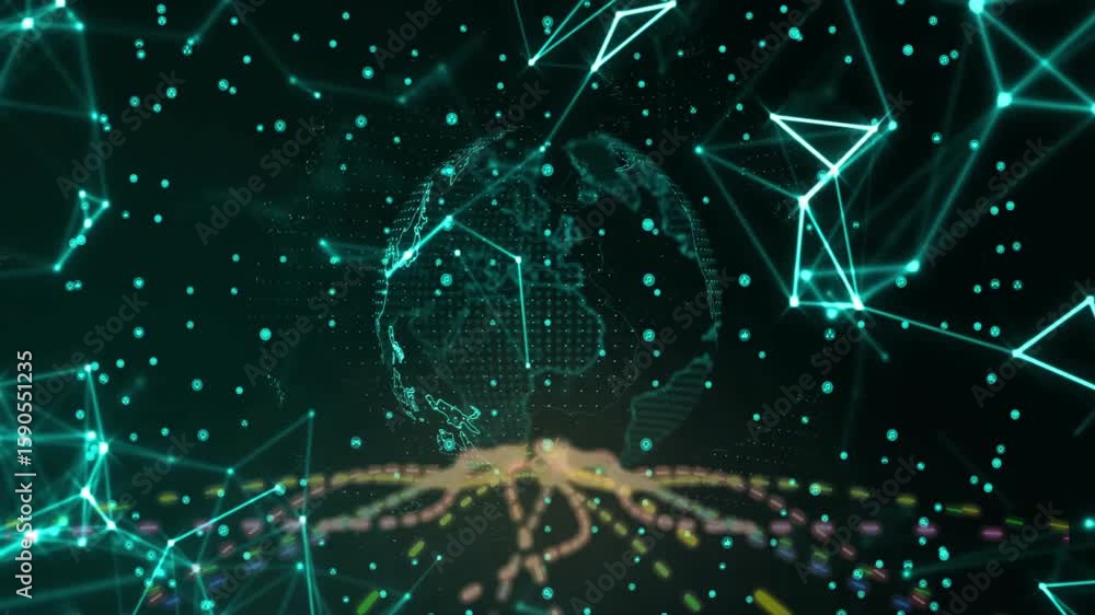 Poster teal dots forming 3d globe rotating lightning bolt striking mesh, streams pulsing showing data flow