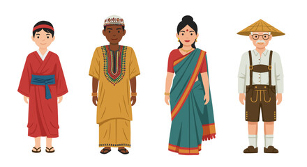Four people wearing traditional clothing from different cultures standing up