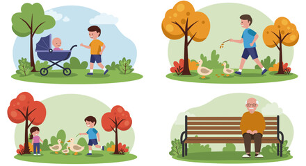 Fototapeta premium Illustrations depicting people in a park setting with trees and various activities