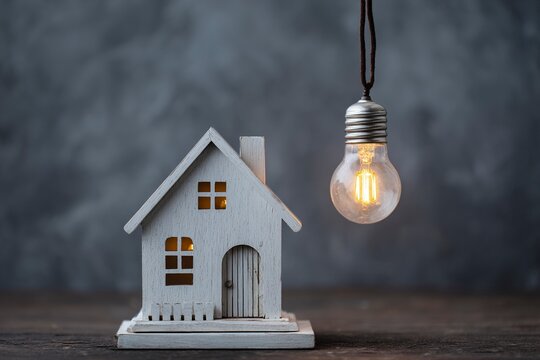 White wooden house model with a light bulb on a table in a home interior, a real estate concept. The white wooden small house and a bright incandescent lamp bulb on a dark background, in close-up. - - Powered by Adobe