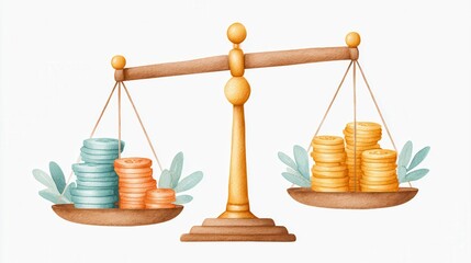 Concepts on economic trends, risks and recessions. A wooden balance scale comparing two stacks of coins, one silver and copper, the other gold, symbolizing value comparison or financial balance.