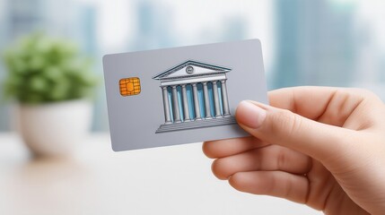Concepts on economic trends, risks and recessions. A hand holds a bank card featuring a classical bank building icon, symbolizing finance and digital banking.
