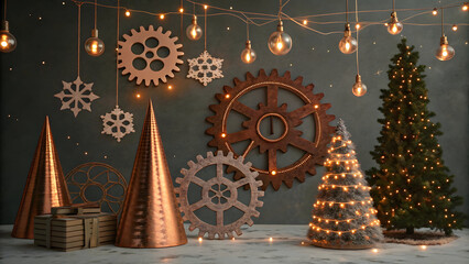 Steampunk Christmas scene with copper trees gears snowflakes and glowing lights image