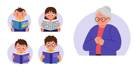 Fototapeta premium Illustration of children reading books with an elderly woman standing nearby