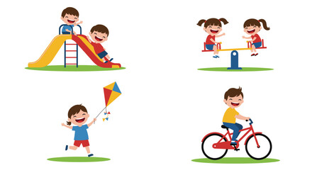 Obraz premium Illustration of children playing on a slide, seesaw, kite, and riding a bicycle