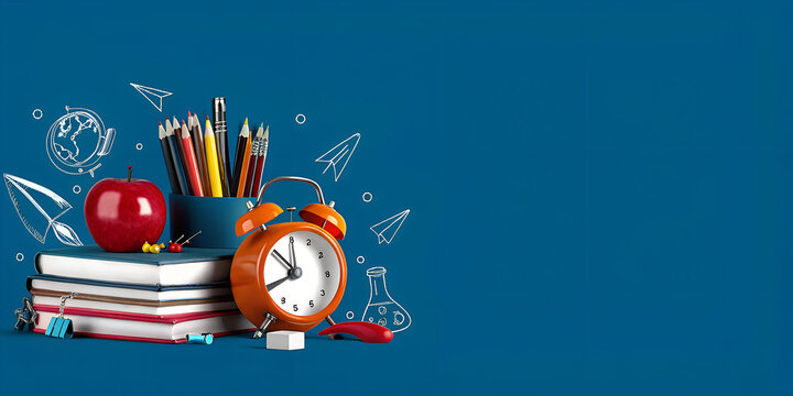 Orange alarm clock with red apple and school equipment. Back to school concept background 3D Rendering, 3D Illustration - Powered by Adobe