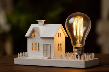 White wooden house model with a light bulb on a table in a home interior, a real estate concept. The white wooden small house and a bright incandescent lamp bulb on a dark background, in close-up. -