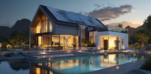 A modern house with solar panels on the roof and a swimming pool in front of it, bathed in the warm glow of evening light. The scene is photorealistic in its attention to detail. 