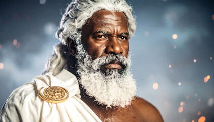 A powerful, serious man, possibly a mythological figure, in a flowing robe