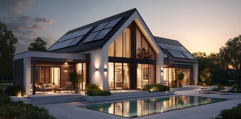 A modern house with solar panels on the roof and a swimming pool in front of it, bathed in the warm glow of evening light. The scene is photorealistic in its attention to detail. 