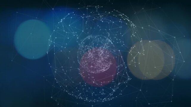 White points materializing into sphere mesh, pink core pulsing and rotating sphere showing network