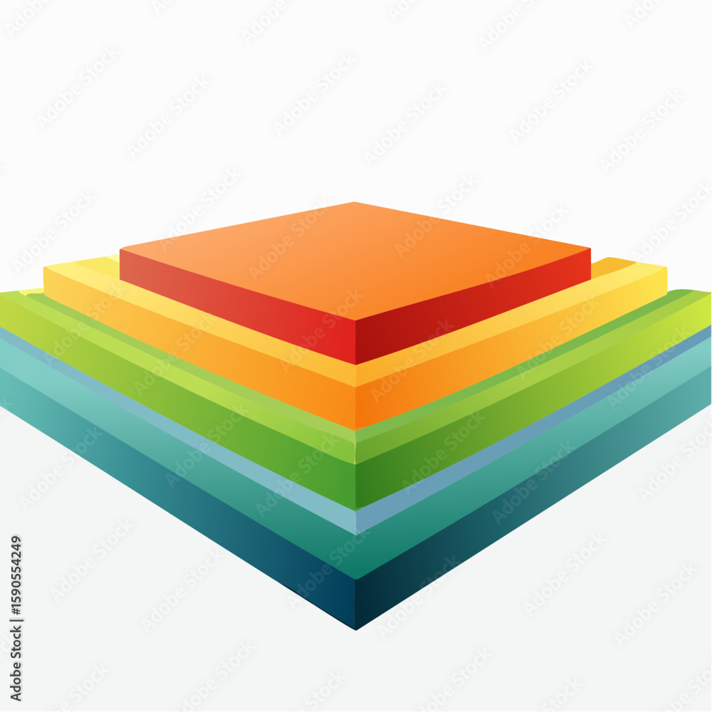 Poster abstract layered square shape with vibrant colors, creating a three-dimensional perspective on a whi