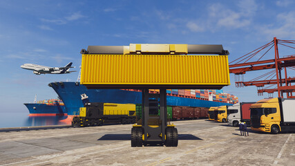 Intermodal freight transport hub with cargo ship container crane truck and airplane