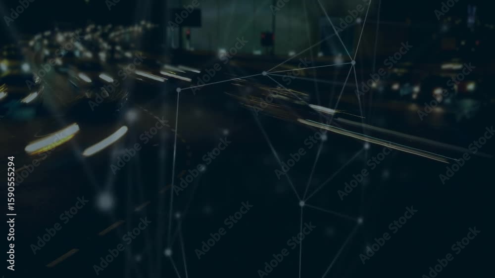 Poster network fading in over city streaming light trails expanding nodes pulsing lines showing data flow