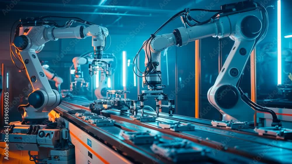 Aufkleber engineer wearing a safety vest and gloves is working on an assembly line, collaborating with robotic