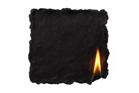 Burning black stone slab corner, transparent background, dramatic isolated surface