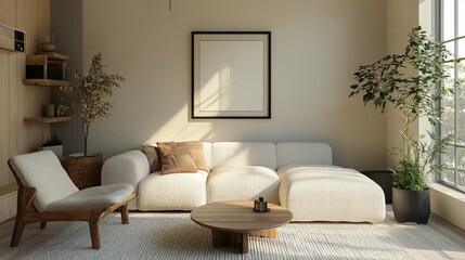 Serene Modern Living Room Interior With Natural Light, Cozy Couch
