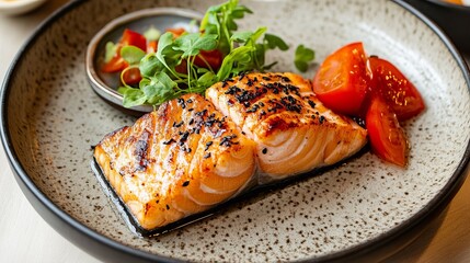 Grilled Salmon Steak With Salad And Tomatoes On Plate, Food Photography