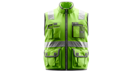 Safety vest jacket, isolated security, traffic and worker uniform wear. Vector fluorescent green waistcoat realistic 3d mockup with reflective stripes and zip, personal protective clothing