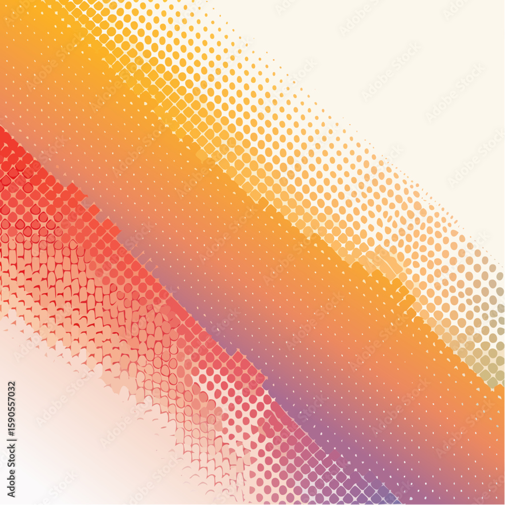 Poster abstract diagonal stripes of halftone dots in warm colors, transitioning from red to orange and yell