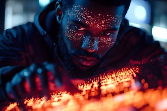 The hacker intently taps on the keyboard, with lines of code and light interplaying on the screen