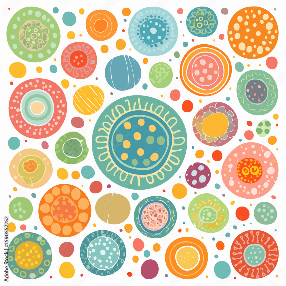 Poster colorful abstract pattern of various sized circles, each uniquely decorated with textures and dots.