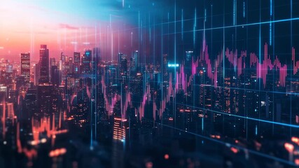 Night Cityscape with Stock Market Data Overlay - Powered by Adobe