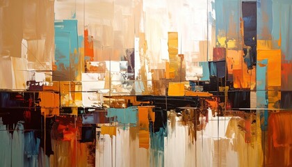 Abstract cityscape painting featuring bold strokes of orange, blue, yellow, and brown suggesting buildings and reflections in water.