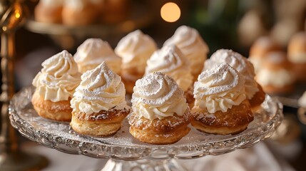 Cream puffs are arranged on a transparent glass plate, dusted with powdered sugar on the surface