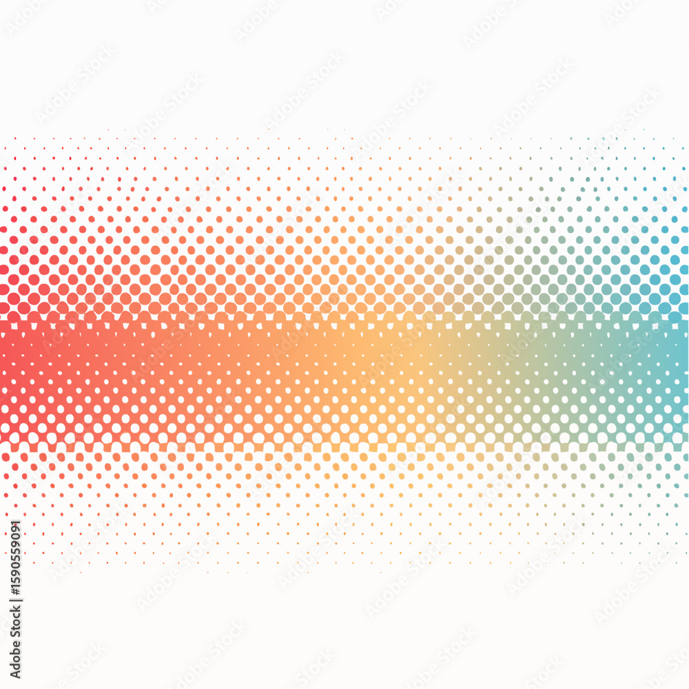 Poster an abstract halftone pattern with a gradient of colors ranging from red and orange to yellow, green,