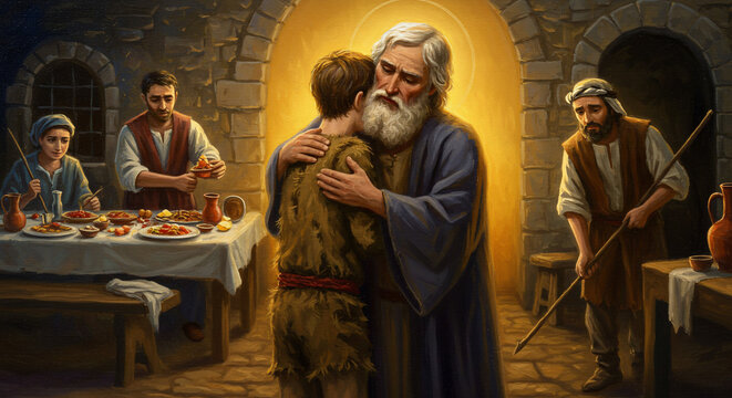 A painting depicting the prodigal son's return with his father embracing him in a stone room setting