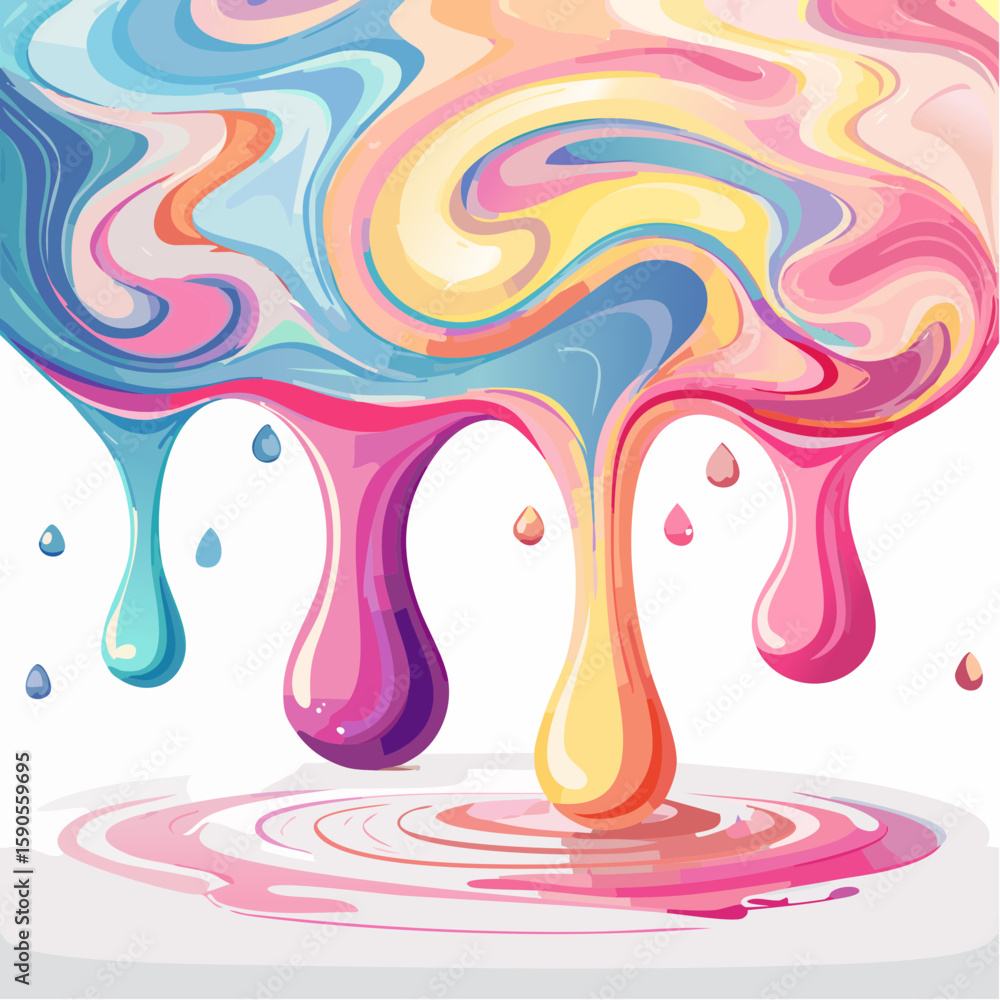 Poster abstract illustration of colorful, dripping paint with swirling patterns and a puddle below on a whi