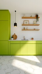 Bright Green Kitchen with Wooden Shelves and Natural Light