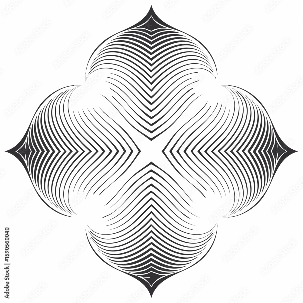 Poster abstract geometric design featuring symmetrical curved lines and a central cross shape.